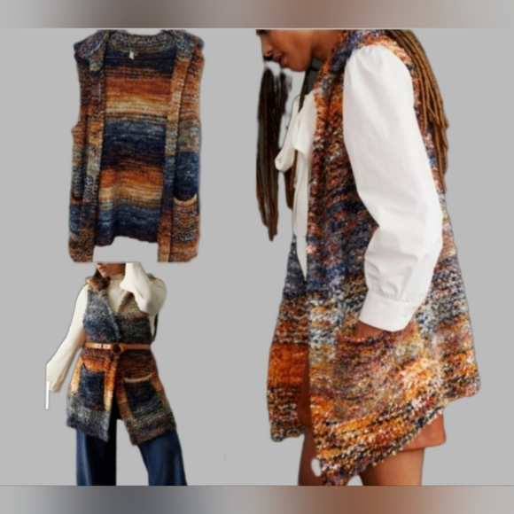 Pilcro Anthropologie sweater cardigan with pockets - orange, blue, white - Picture 2 of 15